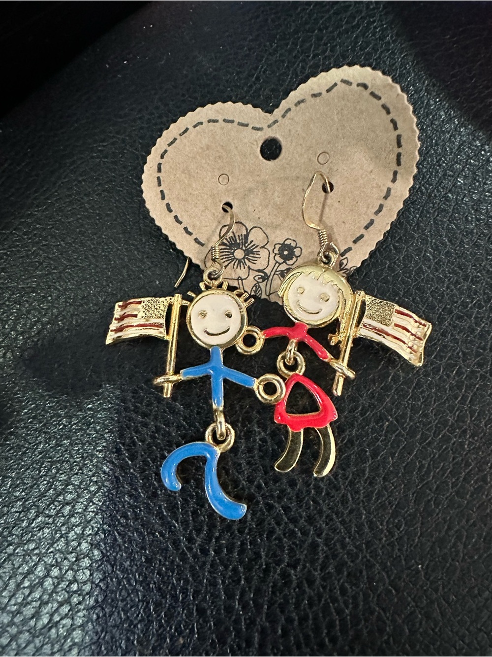 Super cute Gold-Tone Kids Stick Figure Earrings with Red & Blue Enamel